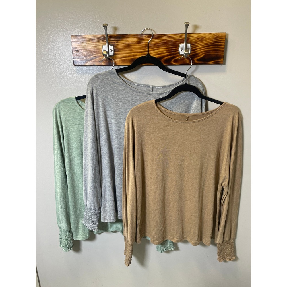 Lot of 3 Women Long Sleeve Scoop Neck Smocked Cuff Tops Gray Green Brown Size L
